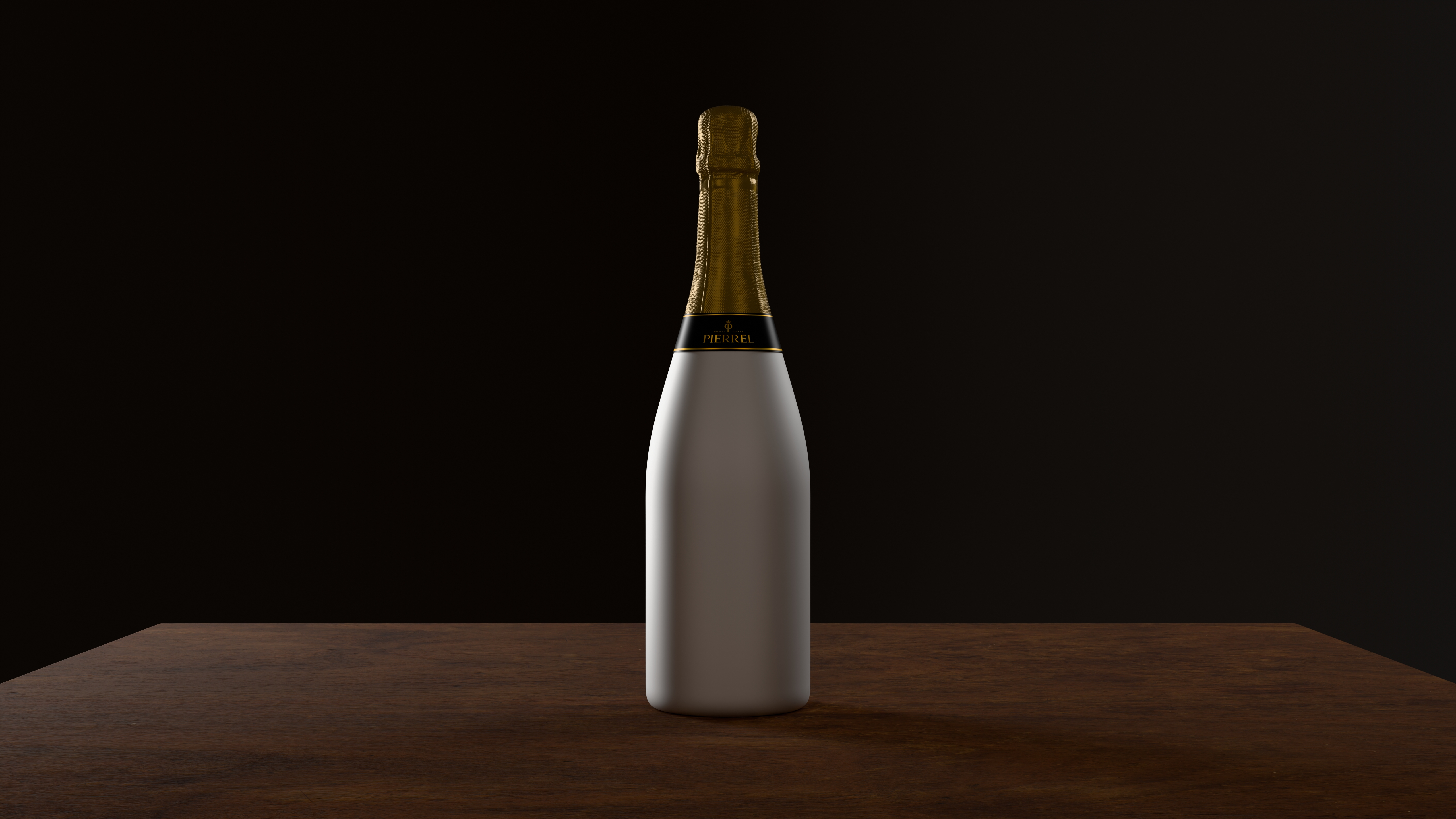 Bouteille de champagne blanche avec coiffe dorée.